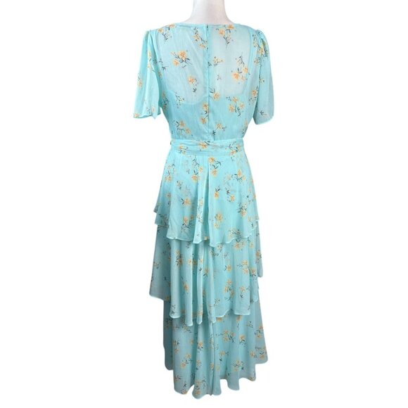 Calvin Klein Tiered Chiffon Midi Dress in Aqua Floral Boho Feminine Women's 12 - Picture 8 of 10
